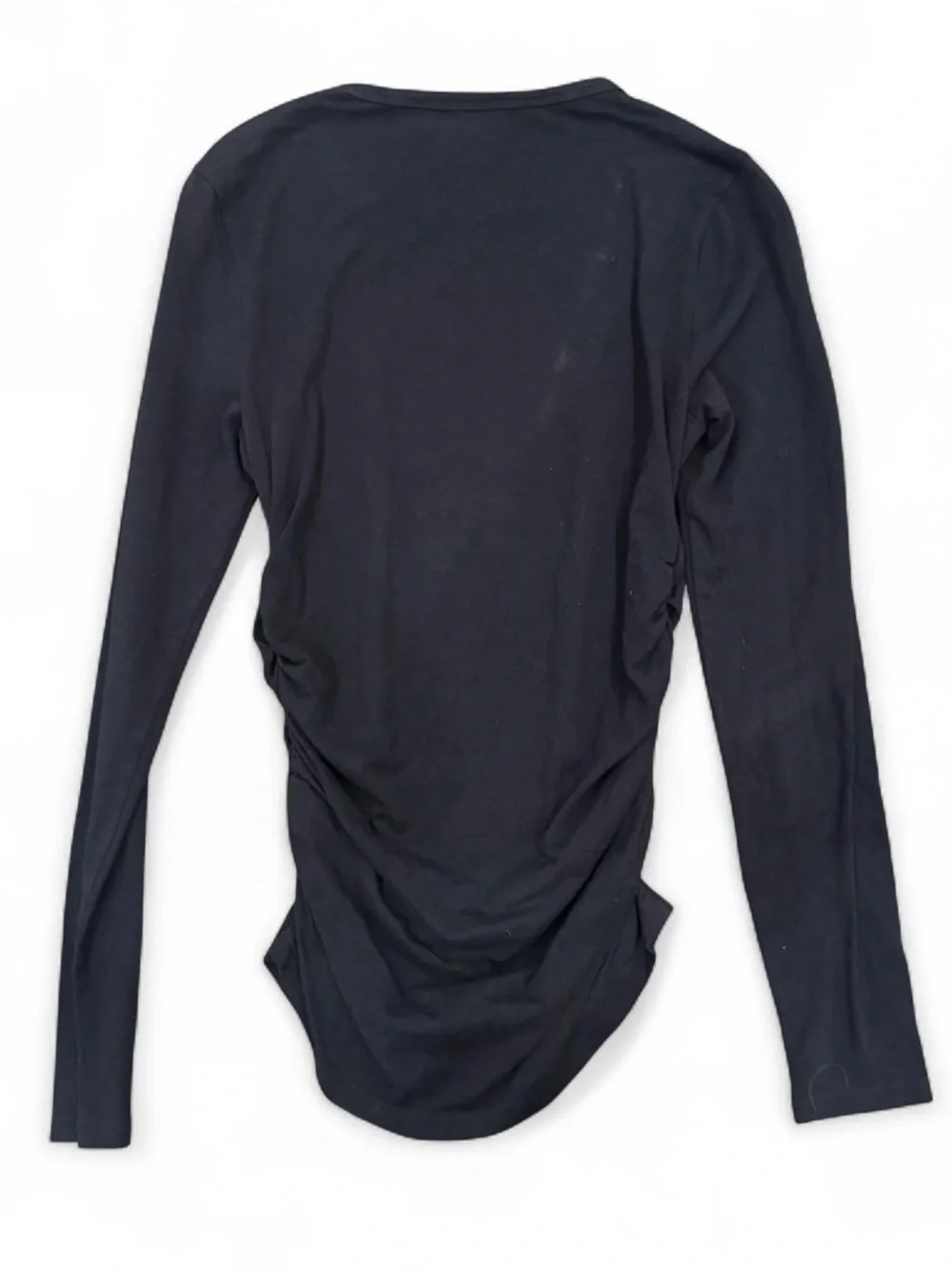 Michael Kors Black Long Sleeve Ruched Crewneck Top with Gold Zip Accent
